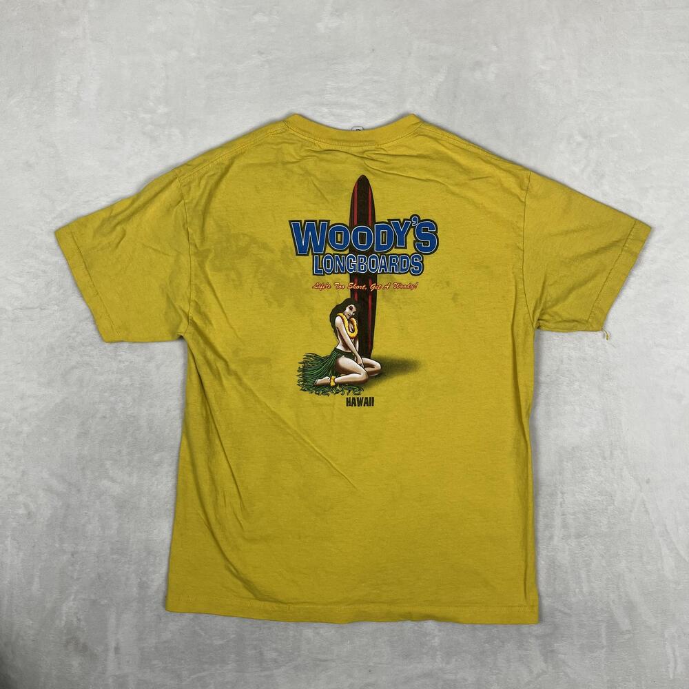 Vintage Woody's Longboards Hawaii T-Shirt Mens Large Yellow Surf Pin-Up Graphic